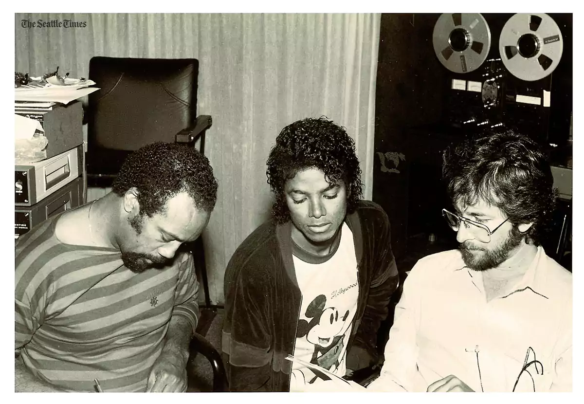Thriller ya era un éxito desde su concepción 2 Michael Jackson, Quincy Jones y Rod Temperton durante las grabaciones de Thriller . Foto: The Seattle Times.