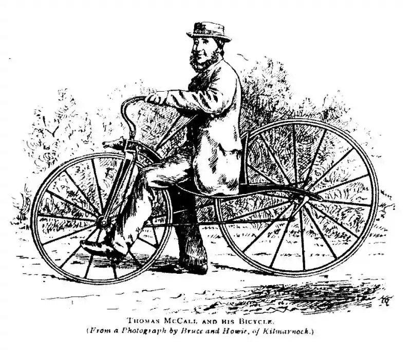 La bici a lo largo del tiempo 2 Thomas McCall con su diseño de bicicleta. Imagen de 1869.