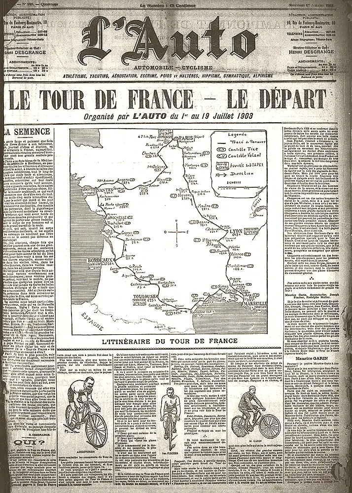 El Tour de France: la carrera que nació por los periódicos 1 Portada de L'Auto del 1 de julio de 1903, día de la salida del Tour de France de 1903.