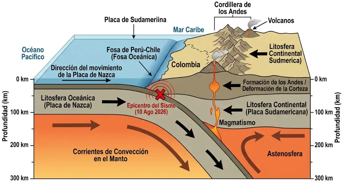 Proceso de subducción entre la Placa de Nazca y la Placa Sudamericana.